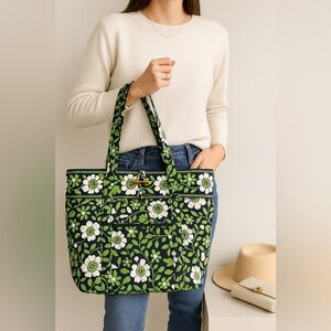 Vera Bradley Quilted Tote Bag – Boxwood Pattern (Green/White Floral on Navy)